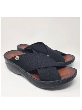 Bzees Desire Platform Wedge Sandals Women 8.5M Black Stretch Cross Strap Comfort